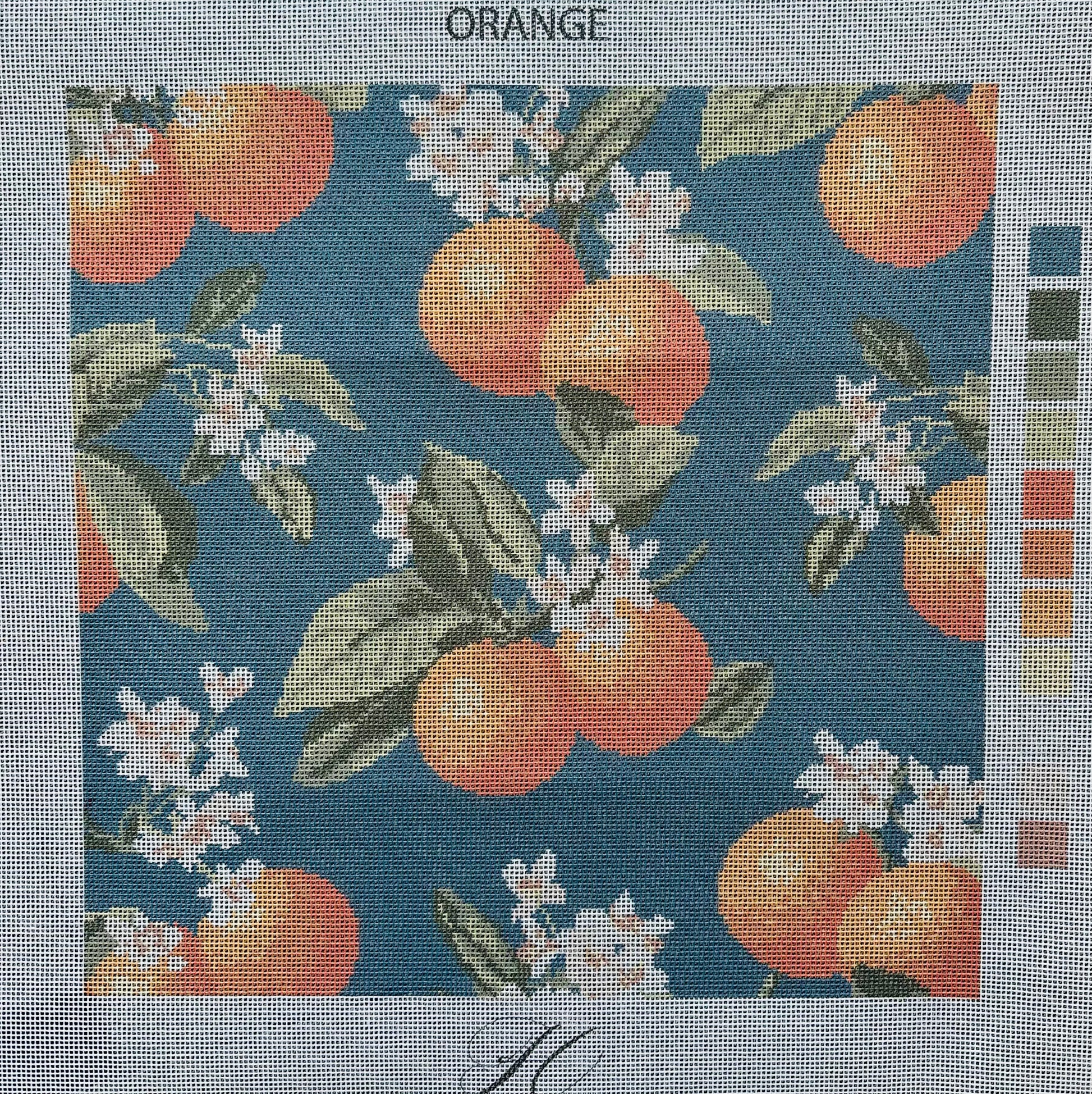 Detail of the Orangerie orange blossom motif on 13 mesh interlock canvas