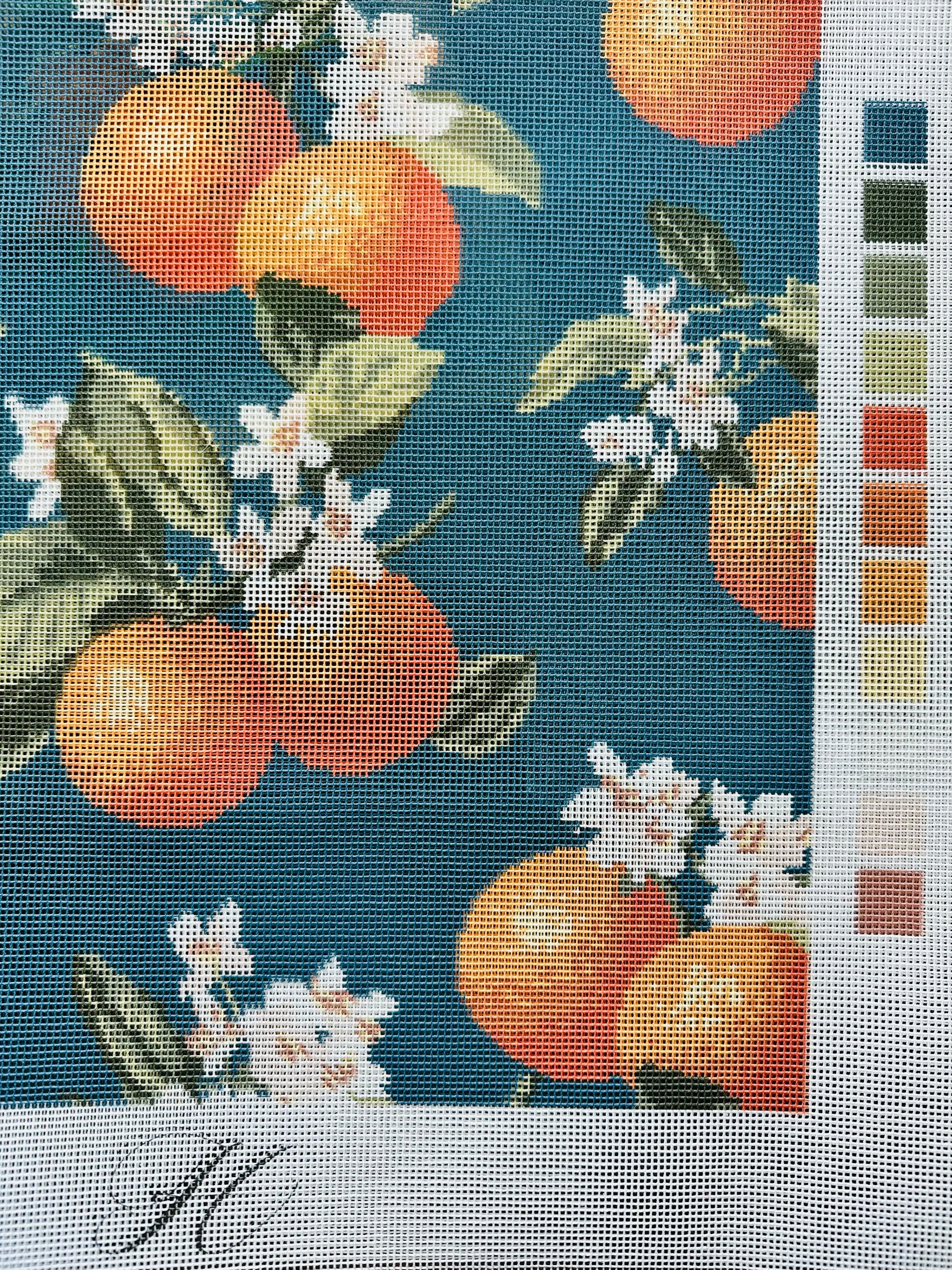 The Orangerie orange blossom canvas, printed on 14-inch square 13 mesh interlock needlepoint canvas