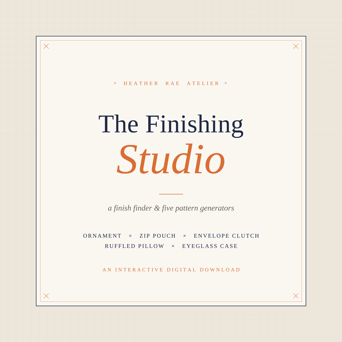 Text slide from The Finishing Studio launch carousel by Heather Rae Atelier — a browser-based tool that sizes finishing patterns to your stitched needlepoint canvas (slide 1 of 6).