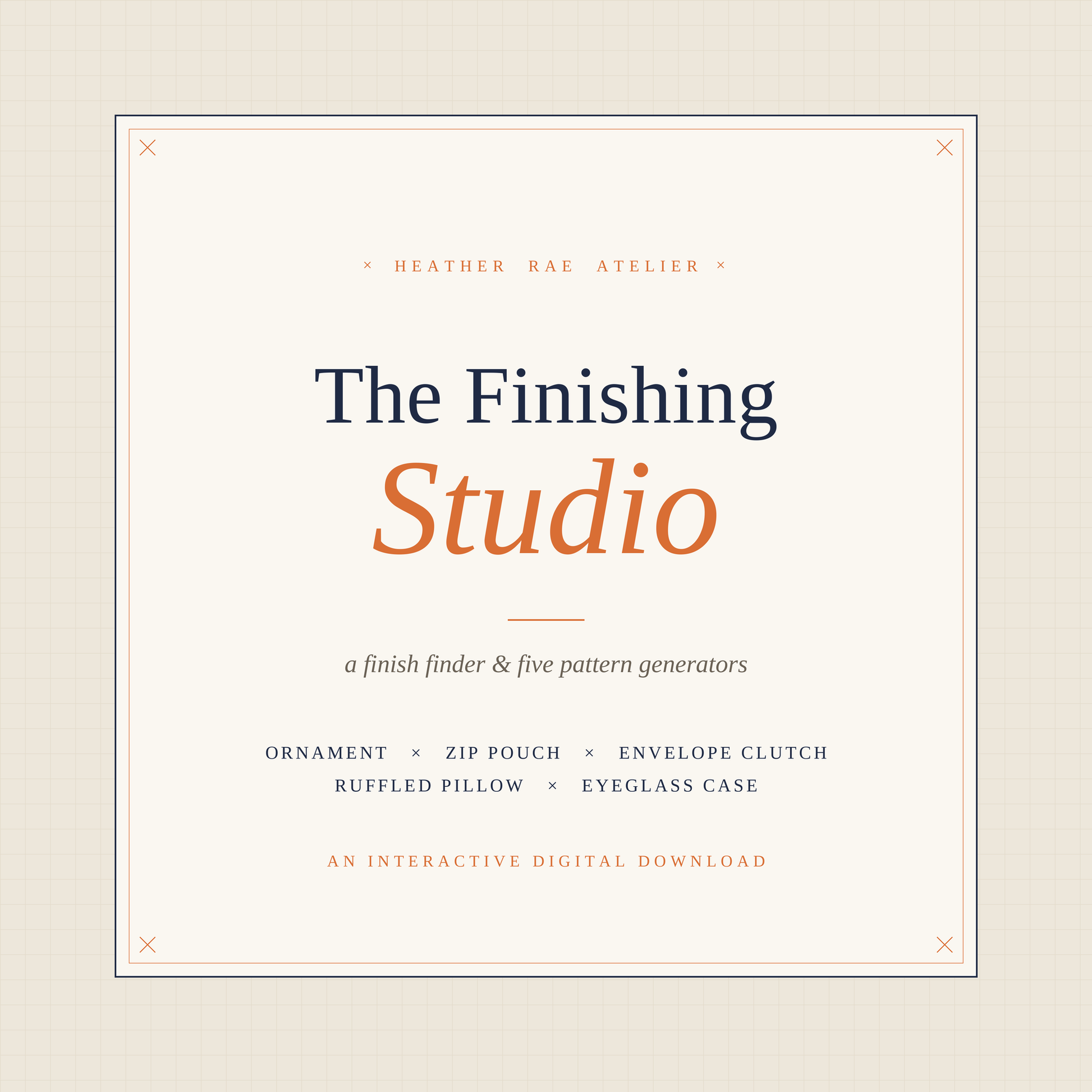 Text slide from The Finishing Studio launch carousel by Heather Rae Atelier — a browser-based tool that sizes finishing patterns to your stitched needlepoint canvas (slide 1 of 6).