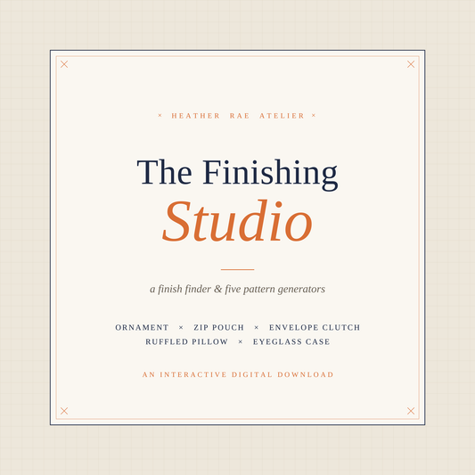 Text slide from The Finishing Studio launch carousel by Heather Rae Atelier — a browser-based tool that sizes finishing patterns to your stitched needlepoint canvas (slide 1 of 6).